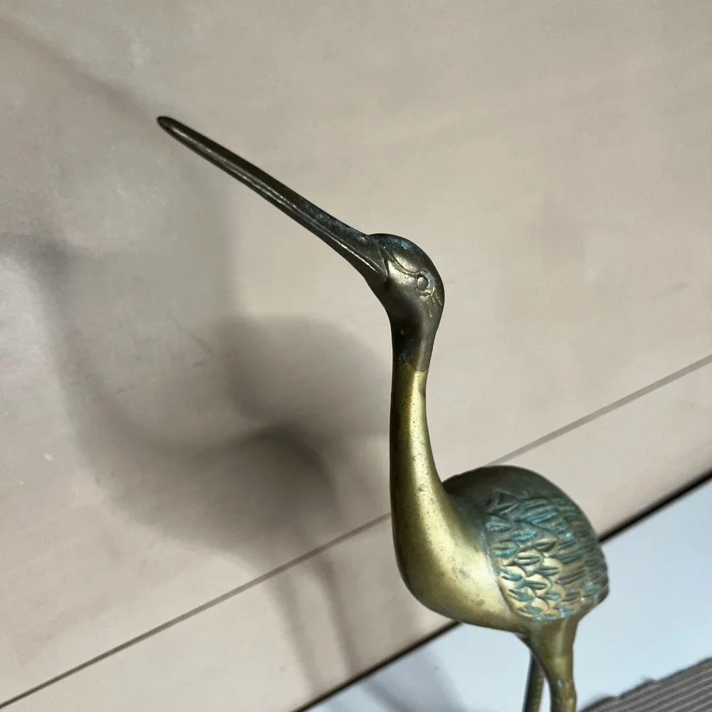 Vintage Large Brass Crane Statue 18 Inch Heron Figurine Verdigris Patina 4lbs